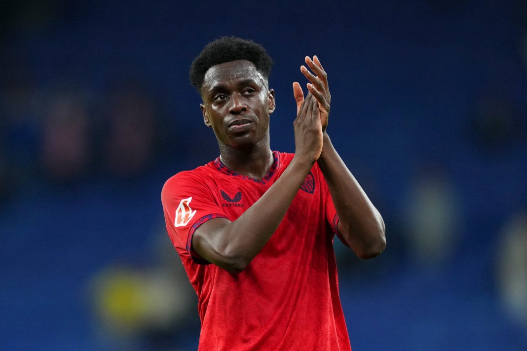 BARCELONA, SPAIN - OCTOBER 25: Albert Sambi Lokonga of Sevilla FC shows appreciation to the fans following the LaLiga match between RCD Espanyol de Barcelona and Sevilla FC at RCDE Stadium on October 25, 2024 in Barcelona, Spain. (Photo by Alex Caparros/Getty Images)