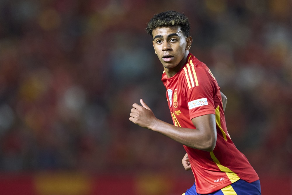 MURCIA, SPAIN: Lamine Yamal of Spain looks on during the UEFA Nations League 2024/25 League A Group A4 match between Spain and Denmark at Estadio Enrique Roca on October 12, 2024. (Photo by Mateo Villalba Sanchez/Getty Images)