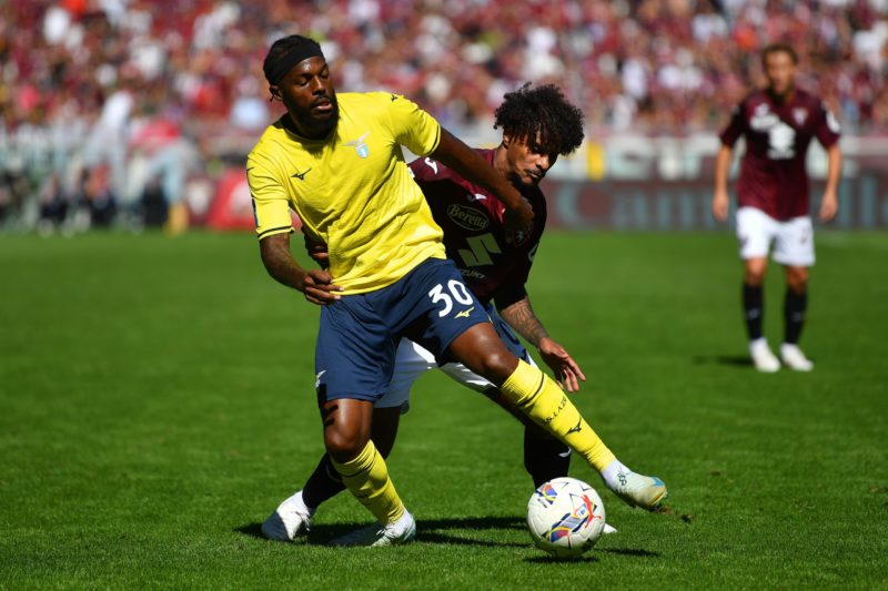 TURIN, ITALY - SEPTEMBER 29: Nuno Tavares of Lazio battles for possession with Valentino Lazaro of Torino during the Serie A match between Torino and SS Lazio at Stadio Olimpico di Torino on September 29, 2024 in Turin, Italy. (Photo by Valerio Pennicino/Getty Images)