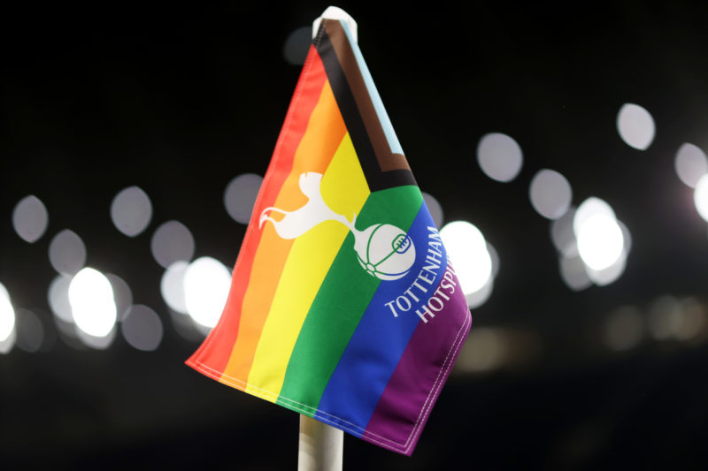 LONDON, ENGLAND - DECEMBER 07: A detailed view of the Rainbow Laces corner flag prior to the Premier League match between Tottenham Hotspur and West Ham United at Tottenham Hotspur Stadium on December 07, 2023 in London, England. (Photo by Ryan Pierse/Getty Images)