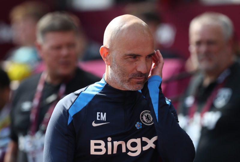 LONDON, ENGLAND - SEPTEMBER 21: Enzo Maresca, Manager of Chelsea, looks on prior to the Premier League match between West Ham United FC and Chelsea FC at London Stadium on September 21, 2024 in London, England. (Photo by Henry Browne/Getty Images)