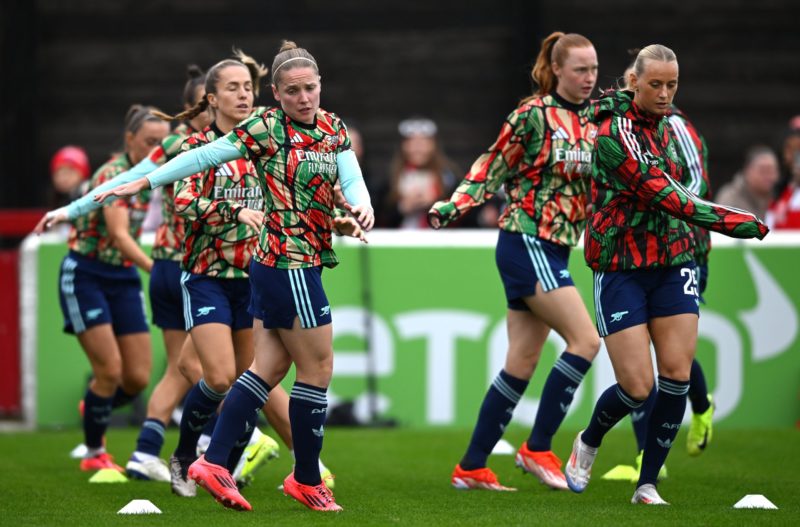 DAGENHAM, ENGLAND - OCTOBER 20: Kim Little and Stina Balckstenius of Arsenal warm up with teammates prior to the Barclays Women's Super League match between West Ham United and Arsenal at Chigwell Construction Stadium on October 20, 2024 in Dagenham, England. (Photo by Jaimi Joy/Getty Images)DAGENHAM, ENGLAND - OCTOBER 20: Kim Little and Stina Balckstenius of Arsenal warm up with teammates prior to the Barclays Women's Super League match between West Ham United and Arsenal at Chigwell Construction Stadium on October 20, 2024 in Dagenham, England. (Photo by Jaimi Joy/Getty Images)