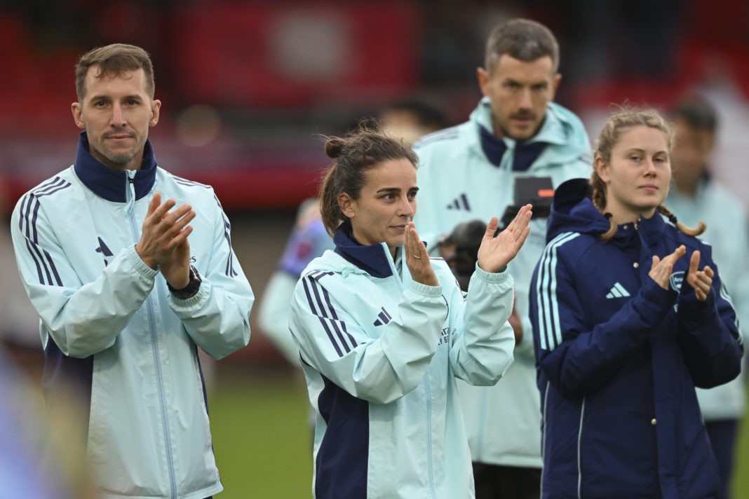 DAGENHAM, ENGLAND - OCTOBER 20: Renee Slegers, Interim Manager of Arsenal claps after the Barclays Women's Super League match between West Ham United and Arsenal at Chigwell Construction Stadium on October 20, 2024 in Dagenham, England. (Photo by Jaimi Joy/Getty Images)