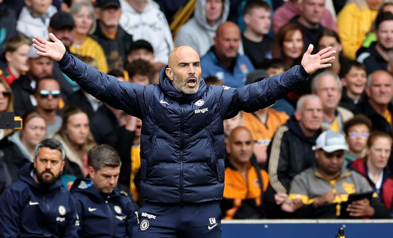 WOLVERHAMPTON, ENGLAND - AUGUST 25: Enzo Maresca, the Chelsea manager shouts instructions during the Premier League match between Wolverhampton Wanderers FC and Chelsea FC at Molineux on August 25, 2024 in Wolverhampton, England. (Photo by David Rogers/Getty Images)