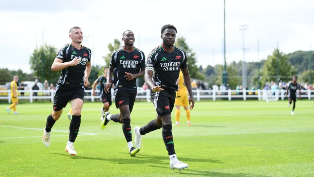 Nathan Butler-Oyedeji celebrates a goal for the Arsenal u21s (Photo via Arsenal Academy on Twitter)