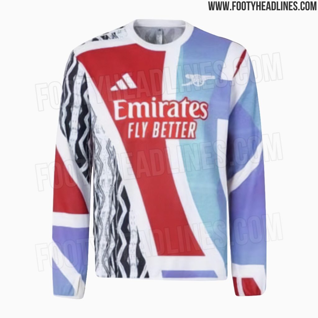 Arsenal 2025 pre-match shirt with long sleeves (Photo via FootyHeadlines.com)