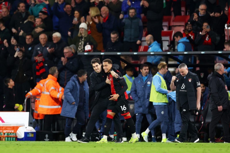 BOURNEMOUTH, ENGLAND - NOVEMBER 02: Andoni Iraola, Manager of AFC Bournemouth, celebrates victory with Marcus Tavernier after the Premier League match between AFC Bournemouth and Manchester City FC at Vitality Stadium on November 02, 2024 in Bournemouth, England. (Photo by Dan Istitene/Getty Images)