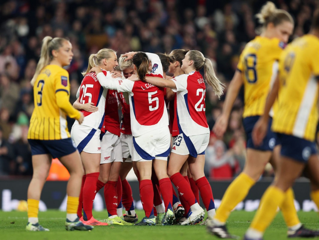 LONDON, ENGLAND - NOVEMBER 08: Lina Hurtig of Arsenal celebrates scoring her team's fourth goal with teammates during the Barclays Women's Super League match between Arsenal and Brighton & Hove Albion at Emirates Stadium on November 08, 2024 in London, England. (Photo by Paul Harding/Getty Images)