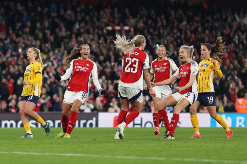 LONDON, ENGLAND - NOVEMBER 08: Alessia Russo of Arsenal celebrates scoring her team's fifth goal with teammate Leah Williamson during the Barclays Women's Super League match between Arsenal and Brighton & Hove Albion at Emirates Stadium on November 08, 2024 in London, England. (Photo by Paul Harding/Getty Images)