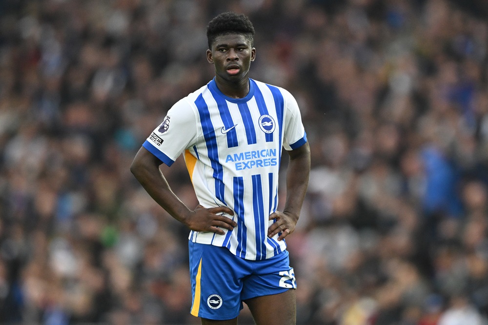 BRIGHTON, ENGLAND: Carlos Baleba of Brighton & Hove Albion looks on during the Premier League match between Brighton & Hove Albion FC and Wolverhampton Wanderers FC at Amex Stadium on October 26, 2024. (Photo by Mike Hewitt/Getty Images)