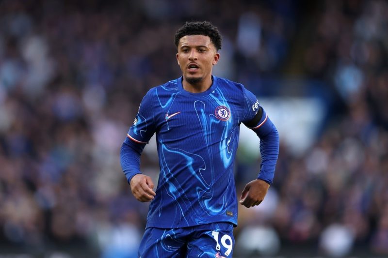 LONDON, ENGLAND: Jadon Sancho of Chelsea in action during the Premier League match between Chelsea FC and Brighton & Hove Albion FC at Stamford Bridge on September 28, 2024. (Photo by Richard Heathcote/Getty Images)