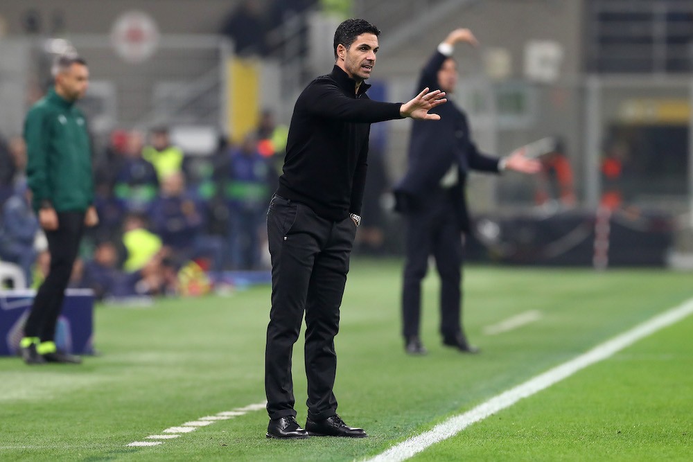 MILAN, ITALY: Mikel Arteta, Manager of Arsenal, reacts during the UEFA Champions League 2024/25 League Phase MD4 match between FC Internazionale Milano and Arsenal FC at Stadio San Siro on November 06, 2024. (Photo by Marco Luzzani/Getty Images)