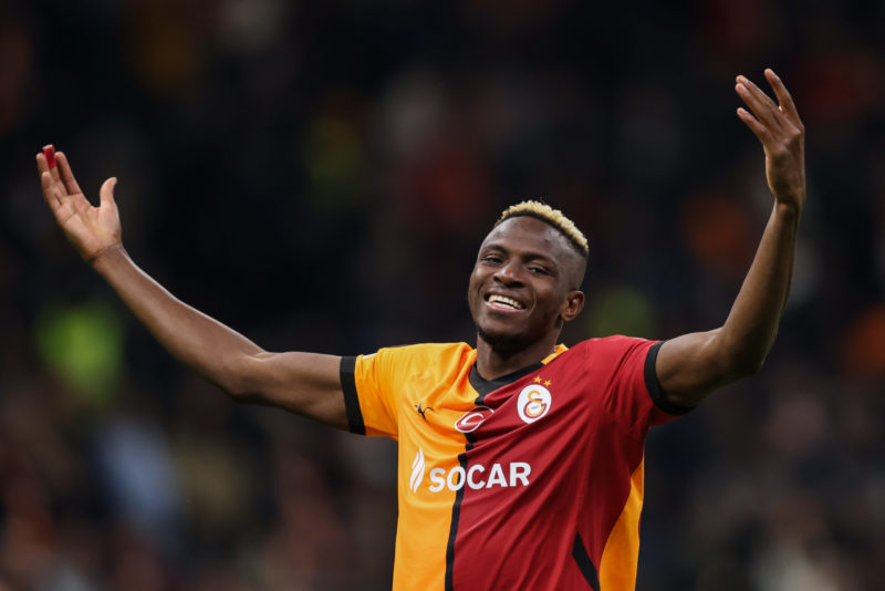 ISTANBUL, TURKEY - NOVEMBER 7: Victor Osimhen of Galatasaray celebrates victory during the UEFA Europa League 2024/25 League Phase MD4 match between Galatasaray A.S. and Tottenham Hotspur at Rams Park on November 7, 2024 in Istanbul, Turkey. (Photo by Ahmad Mora/Getty Images)