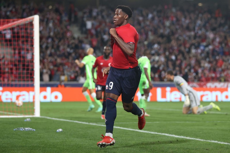 LILLE, FRANCE - SEPTEMBER 14: Jonathan David of Lille celebrates scoring a goal which is later disallowed by VAR during the UEFA Champions League group G match between Lille OSC and VfL Wolfsburg at Stade Pierre-Mauroy on September 14, 2021 in Lille, France. (Photo by Lars Baron/Getty Images)