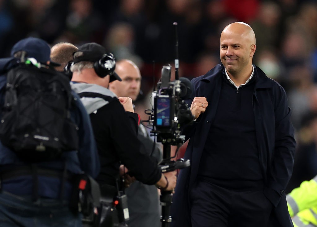 LIVERPOOL, ENGLAND - NOVEMBER 02: Arne Slot, Manager of Liverpool, celebrates after the team's victory in the Premier League match between Liverpool FC and Brighton & Hove Albion FC at Anfield on November 02, 2024 in Liverpool, England. (Photo by Jan Kruger/Getty Images)