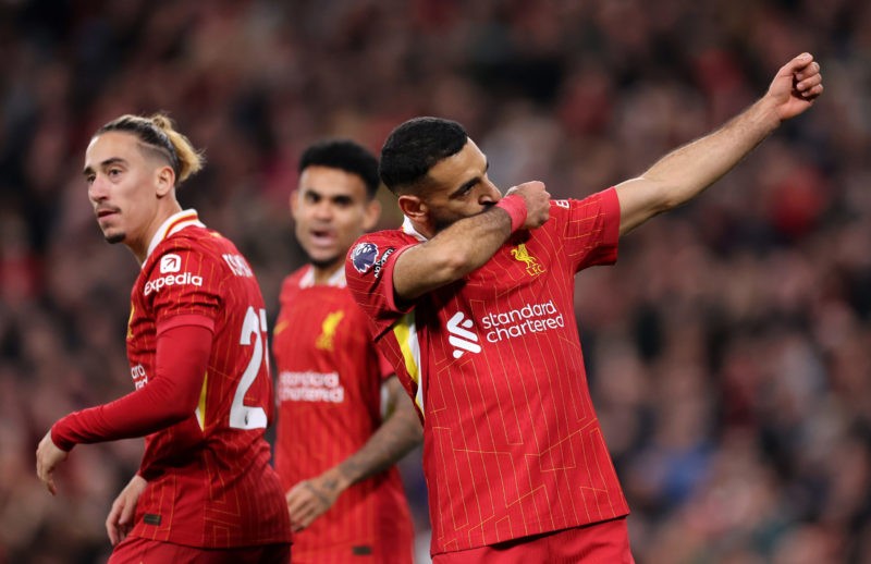 LIVERPOOL, ENGLAND - NOVEMBER 02: Mohamed Salah of Liverpool celebrates scoring his team's second goal during the Premier League match between Liverpool FC and Brighton & Hove Albion FC at Anfield on November 02, 2024 in Liverpool, England. (Photo by Jan Kruger/Getty Images)