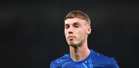 MANCHESTER, ENGLAND: Cole Palmer of Chelsea in action during the Premier League match between Manchester United FC and Chelsea FC at Old Trafford on November 03, 2024. (Photo by Michael Regan/Getty Images)