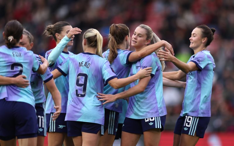 LEIGH, ENGLAND - NOVEMBER 03: Alessia Russo of Arsenal celebrates scoring her team's first goal with teammates during the Barclays Women's Super League match between Manchester United and Arsenal at Leigh Sports Village on November 03, 2024 in Leigh, England. (Photo by Alex Livesey/Getty Images)