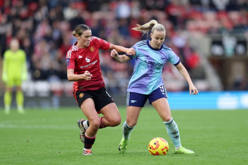 LEIGH, ENGLAND - NOVEMBER 03: Beth Mead of Arsenal is challenged by Grace Clinton of Manchester United during the Barclays Women's Super League match between Manchester United and Arsenal at Leigh Sports Village on November 03, 2024 in Leigh, England. (Photo by Alex Livesey/Getty Images)