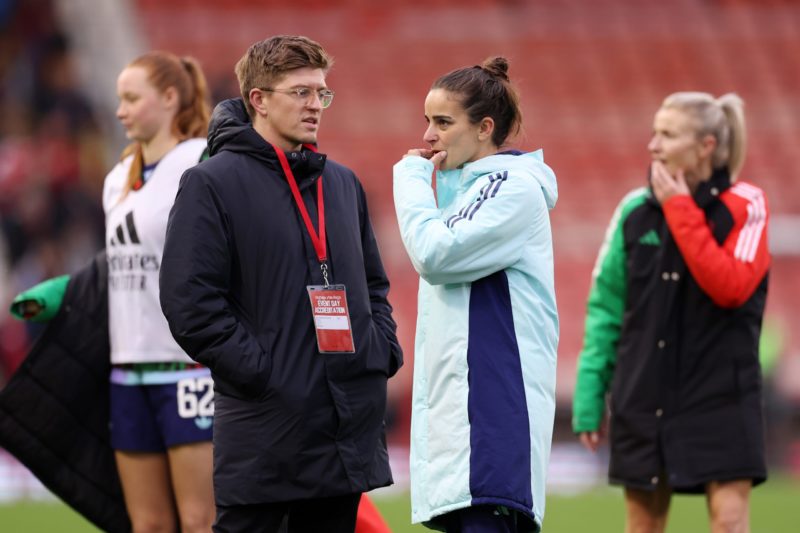 LEIGH, ENGLAND - NOVEMBER 03: Renee Slegers, Interim Manager of Arsenal, looks on after the Barclays Women's Super League match between Manchester United and Arsenal at Leigh Sports Village on November 03, 2024 in Leigh, England. (Photo by Alex Livesey/Getty Images)