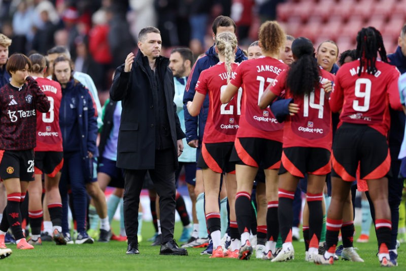 LEIGH, ENGLAND - NOVEMBER 03: Marc Skinner, Manager of Manchester United, shakes hands with players of Manchester United after the Barclays Women's Super League match between Manchester United and Arsenal at Leigh Sports Village on November 03, 2024 in Leigh, England. (Photo by Alex Livesey/Getty Images)