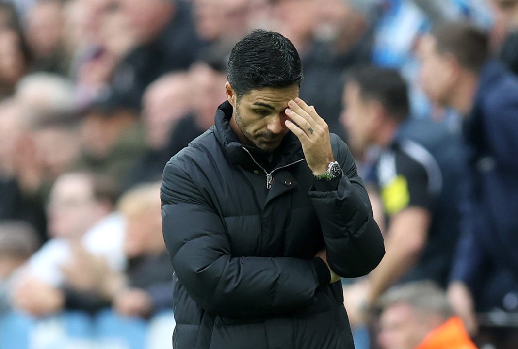 NEWCASTLE UPON TYNE, ENGLAND - NOVEMBER 02: Mikel Arteta, Manager of Arsenal, reacts during the Premier League match between Newcastle United FC and Arsenal FC at St James' Park on November 02, 2024 in Newcastle upon Tyne, England. (Photo by George Wood/Getty Images)