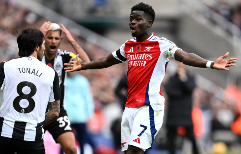 NEWCASTLE UPON TYNE, ENGLAND - NOVEMBER 02: Bukayo Saka of Arsenal reacts during the Premier League match between Newcastle United FC and Arsenal FC at St James' Park on November 02, 2024 in Newcastle upon Tyne, England. (Photo by Stu Forster/Getty Images)