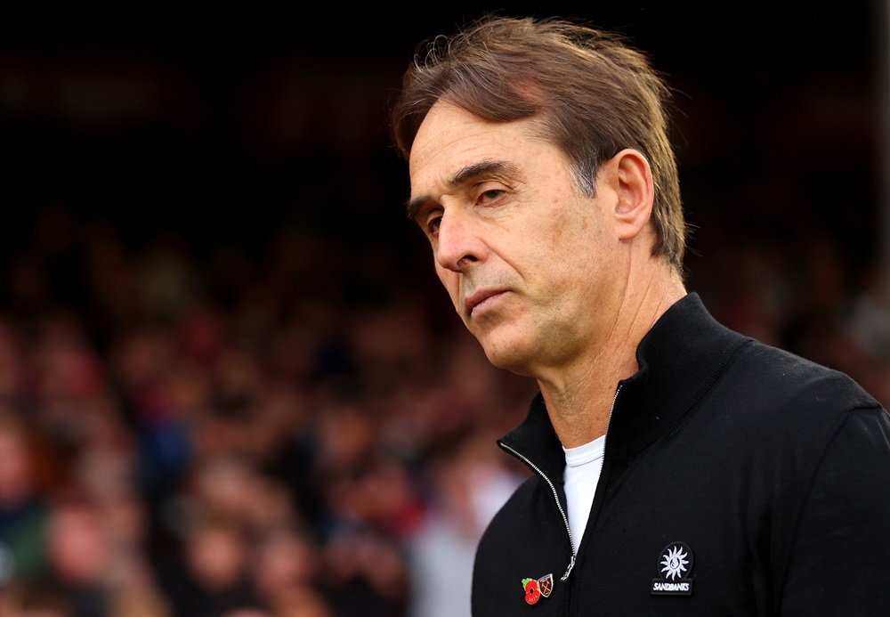 NOTTINGHAM, ENGLAND: Julen Lopetegui, Manager of West Ham United, reacts during the Premier League match between Nottingham Forest FC and West Ham United FC at City Ground on November 02, 2024. (Photo by Marc Atkins/Getty Images)