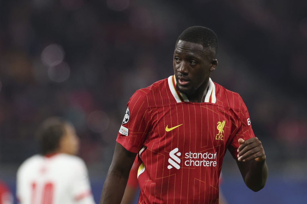 LEIPZIG, GERMANY - OCTOBER 23: Ibrahima Konate of Liverpool FC looks on during the UEFA Champions League 2024/25 League Phase MD3 match between RB Leipzig and Liverpool FC at Leipzig Stadium on October 23, 2024 in Leipzig, Germany. (Photo by Maja Hitij/Getty Images)