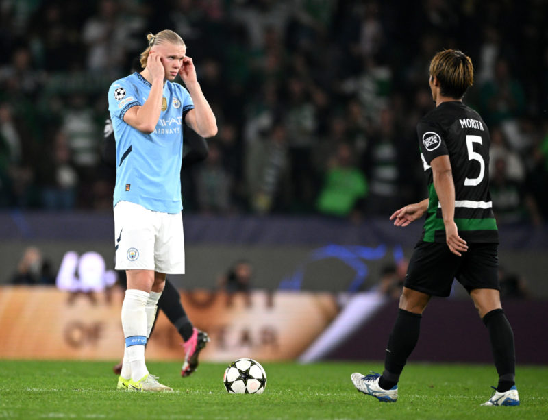 LISBON, PORTUGAL - NOVEMBER 05: Erling Haaland of Manchester City appears dejected after Viktor Gyokeres of Sporting CP (not pictured) scores his team's third goal from a penalty kick during the UEFA Champions League 2024/25 League Phase MD4 match between Sporting Clube de Portugal and Manchester City at Estadio Jose Alvalade on November 05, 2024 in Lisbon, Portugal. (Photo by Justin Setterfield/Getty Images)