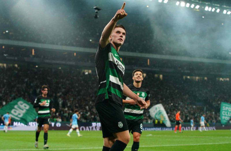 LISBON, PORTUGAL - NOVEMBER 5: Viktor Gyokeres of Sporting CP celebrates after scoring a goal during the UEFA Champions League 2024/25 League Phase MD4 match between Sporting CP and Manchester City at Estadio Jose Alvalade on November 5, 2024 in Lisbon, Portugal. (Photo by Gualter Fatia/Getty Images)