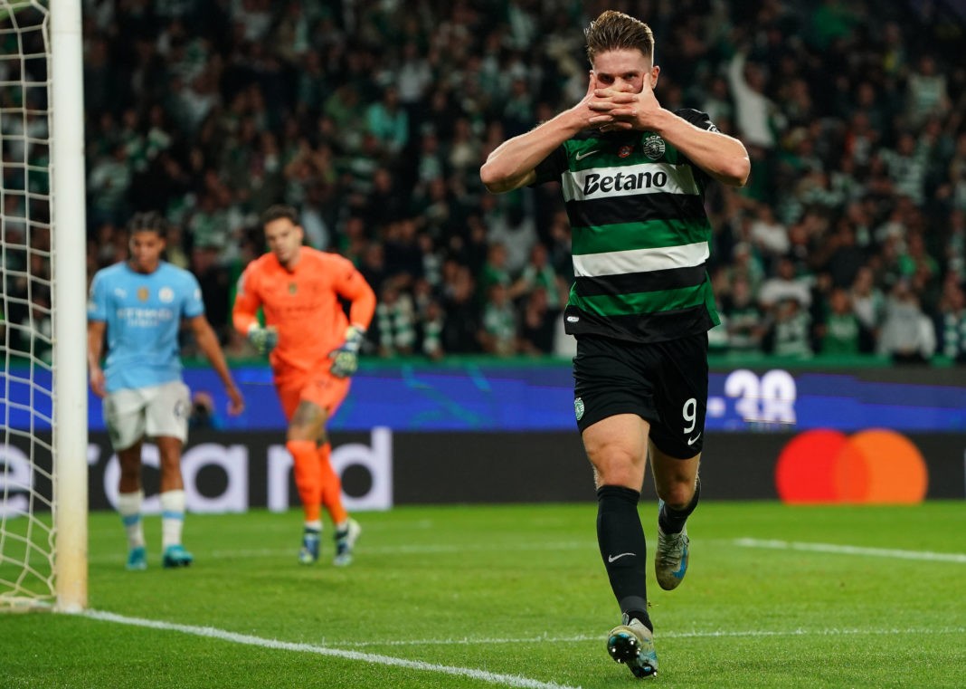 LISBON, PORTUGAL - NOVEMBER 5: Viktor Gyokeres of Sporting CP celebrates after scoring a goal during the UEFA Champions League 2024/25 League Phase MD4 match between Sporting CP and Manchester City at Estadio Jose Alvalade on November 5, 2024 in Lisbon, Portugal. (Photo by Gualter Fatia/Getty Images)