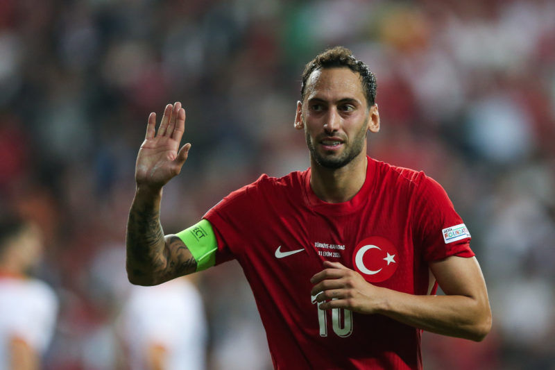 SAMSUN, TURKEY - OCTOBER 11: Hakan Calhanoglu of Turkey reacts during the UEFA Nations League 2024/25 League B Group B4 match between Turkiye and Montenegro at Samsun Stadium on October 11, 2024 in Samsun, Turkey. (Photo by Ahmad Mora/Getty Images)