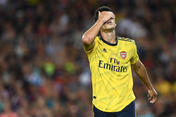 Arsenal's Brazilian striker Gabriel Martinelli reacts to missing a goal opportunity during the 54th Joan Gamper Trophy friendly football match between Barcelona and Arsenal at the Camp Nou stadium in Barcelona on August 4, 2019. (Photo by Josep LAGO / AFP)